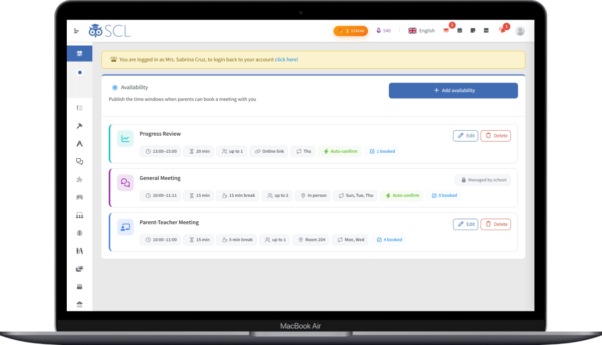 SCL Appointments availability screen, where a teacher publishes bookable time windows for Parent-Teacher Meetings, Progress Reviews and General Meetings
