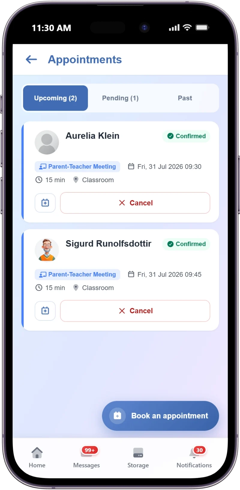 The Appointments list in the SCL parent app, with upcoming, pending and past meetings, each showing the teacher, the meeting type, its date, length and location, and a Cancel option.