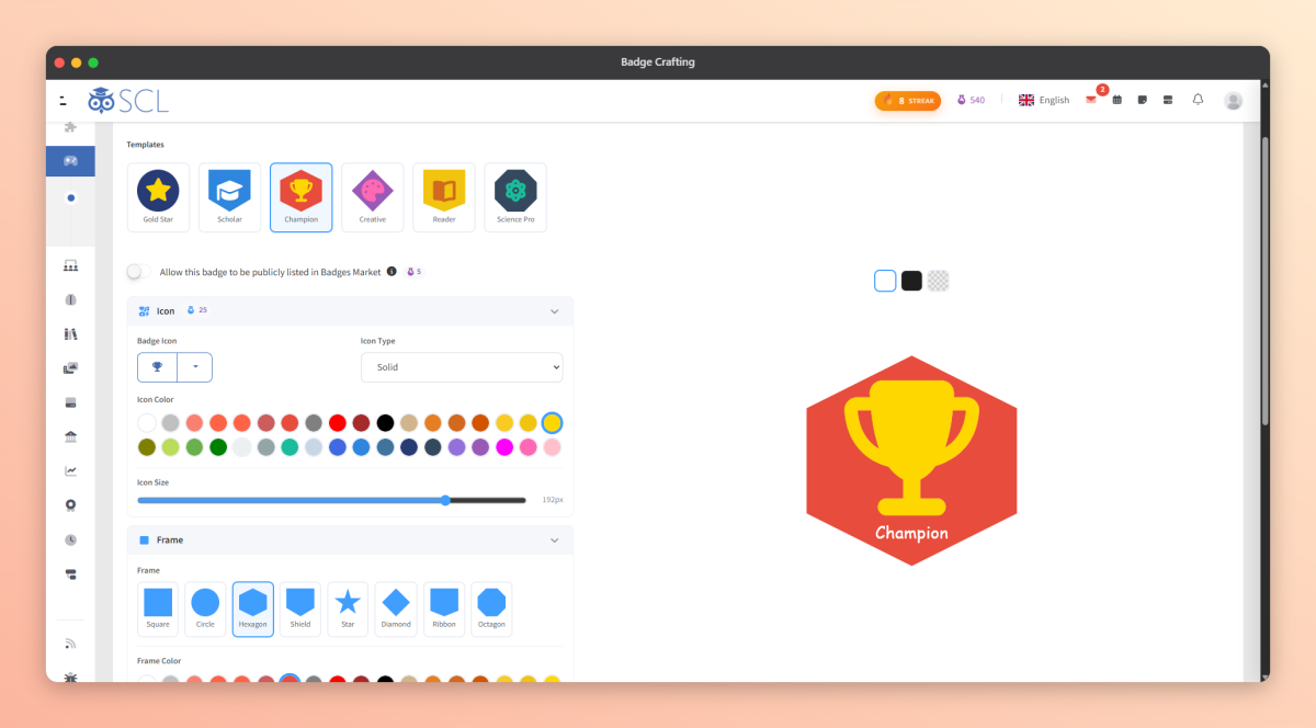 The redesigned SCL badge builder, offering ready-made templates plus full control of the badge icon, colour palette and frame shape, previewed live.