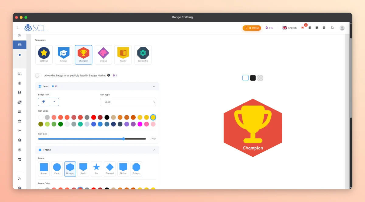 The redesigned SCL badge builder, offering ready-made templates plus full control of the badge icon, colour palette and frame shape, previewed live.