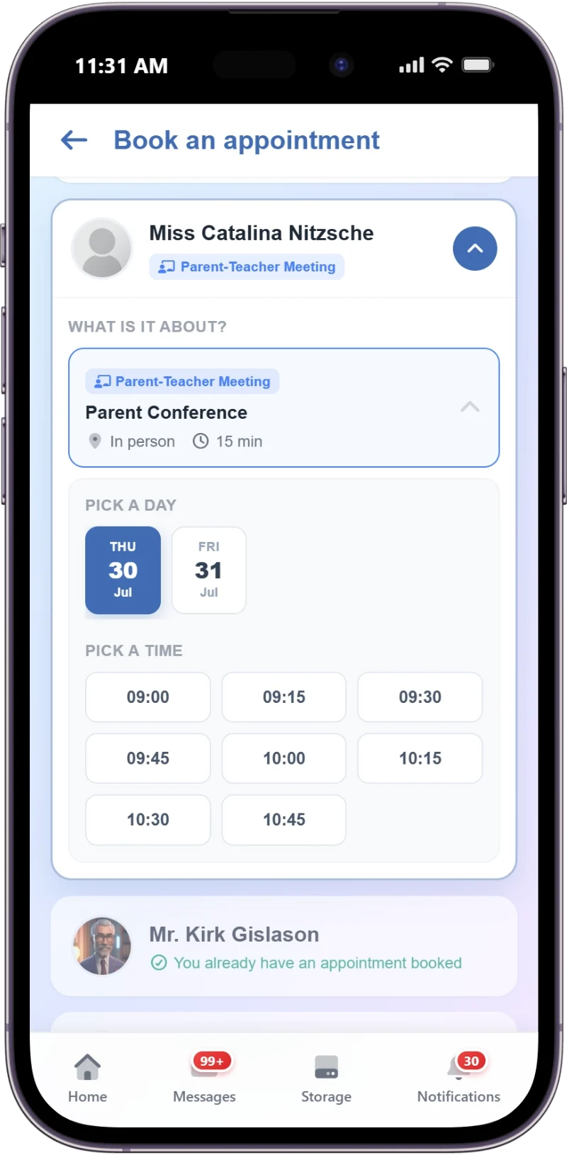 Booking a parent-teacher meeting in the SCL app, where a parent picks the meeting type, then a day and one of the teacher's free time slots, with already-booked teachers flagged.