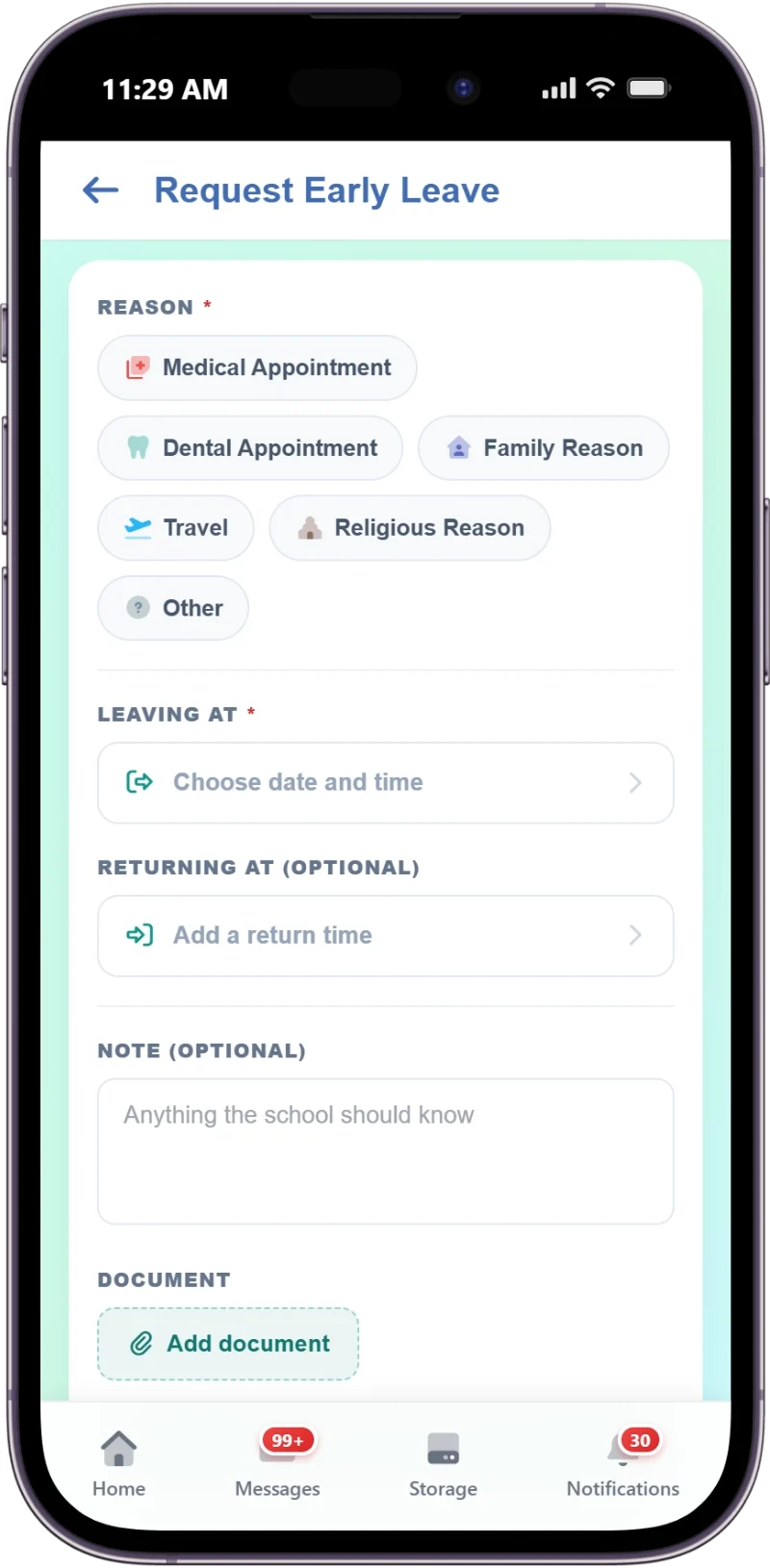 The SCL Request Early Leave form in the parent app, where a parent picks a reason such as a medical appointment or travel, sets the leaving and return times, and attaches a document.