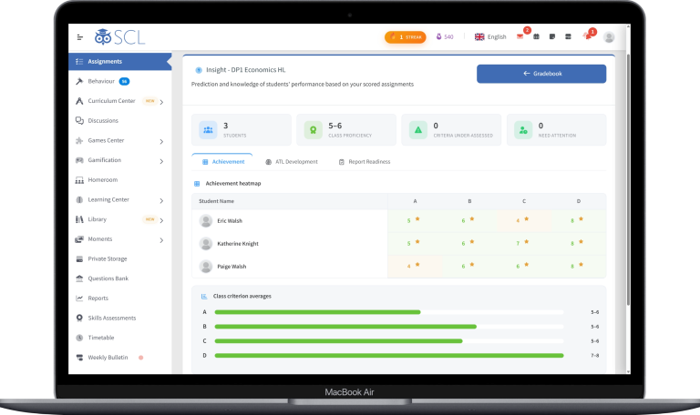The SCL gradebook Insight for an IB Diploma class, showing an achievement heatmap of each student's level per criterion, class criterion averages, and tiles for class proficiency and criteria under-assessed.