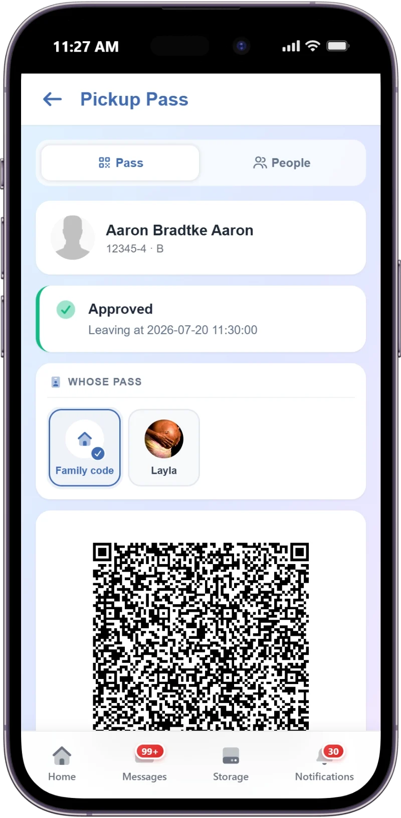 The SCL Pickup Pass in the parent mobile app, showing an approved early leave with its leaving time, whose pass it is, and the QR code staff scan at the gate.