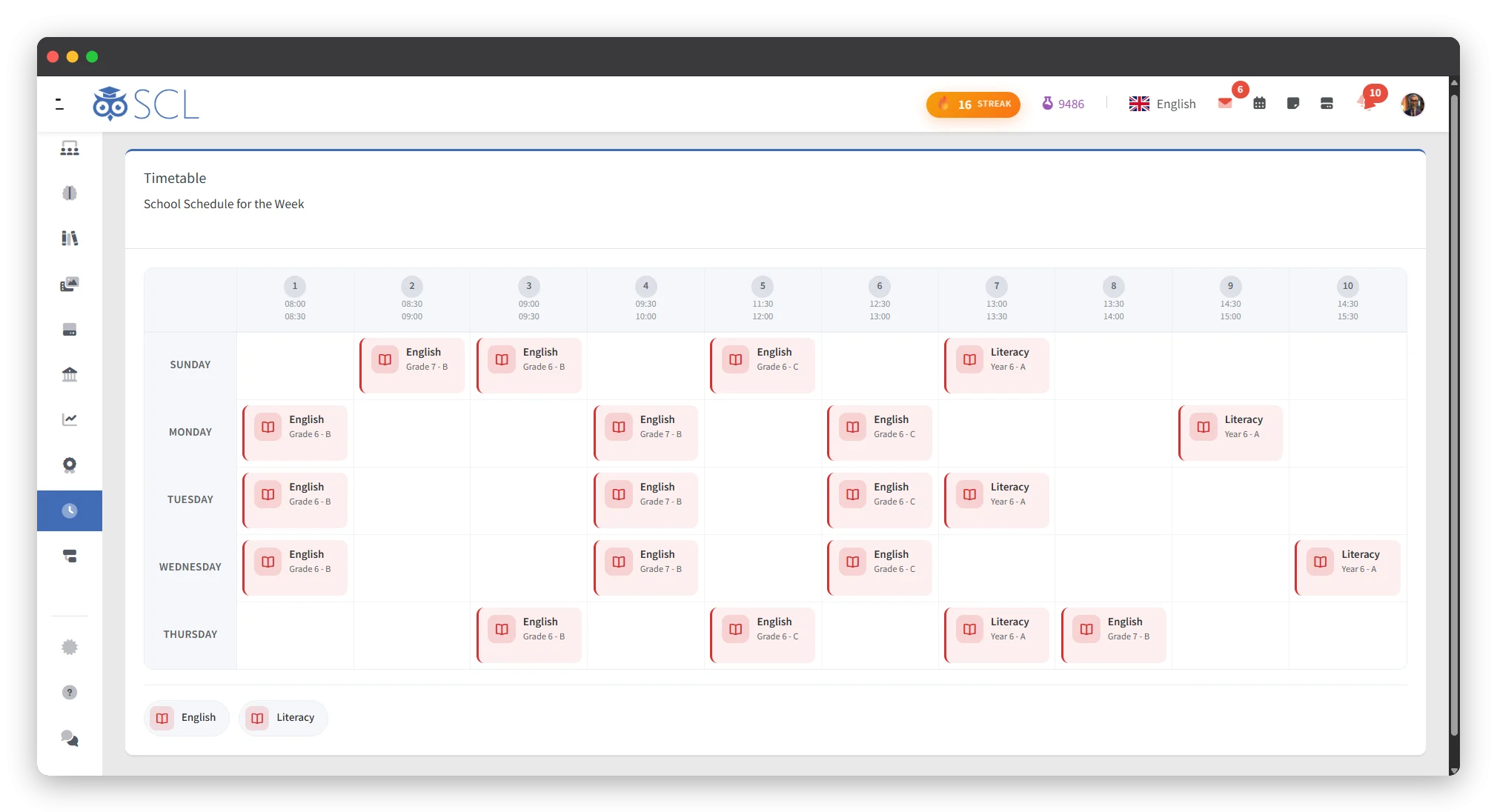 The SCL weekly timetable, laying every period of the school week across a grid so a teacher sees each class and year group they are scheduled to teach.