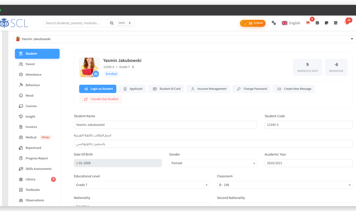 A student record in SCL, showing the child's photo, code, grade and enrolment status beside absence and behaviour totals, with tabs for attendance, invoices, medical and report cards.