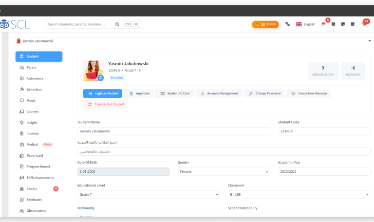 A student record in SCL, showing the child's photo, code, grade and enrolment status beside absence and behaviour totals, with tabs for attendance, invoices, medical and report cards.