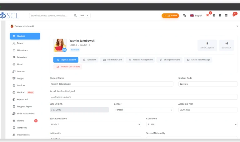 A student record in SCL, showing the child's photo, code, grade and enrolment status beside absence and behaviour totals, with tabs for attendance, invoices, medical and report cards.