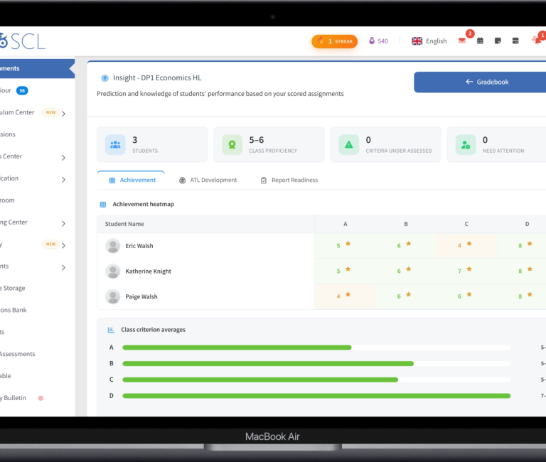 The SCL gradebook Insight for an IB Diploma class, showing an achievement heatmap of each student's level per criterion, class criterion averages, and tiles for class proficiency and criteria under-assessed.
