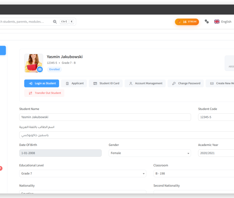 A student record in SCL, showing the child's photo, code, grade and enrolment status beside absence and behaviour totals, with tabs for attendance, invoices, medical and report cards.