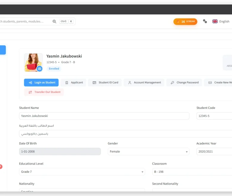 A student record in SCL, showing the child's photo, code, grade and enrolment status beside absence and behaviour totals, with tabs for attendance, invoices, medical and report cards.